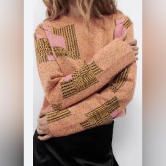 Zara Jacquard Geometric Cropped Sweater Orange Pink | size L - Picture 9 of 9